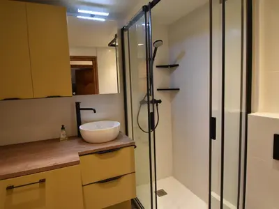 a bathroom with a sink and a shower at Appartement 2 Chambres Megève, Balcon Sud, Parking, Wifi - FR-1-453-101 in Megève