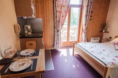 a small room with a bed and a sink at Résidence La Cour in Samoëns