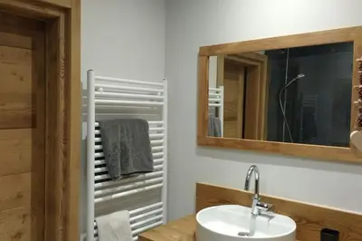 a bathroom with a sink and a mirror at Chalet des glaciers in Chamonix-Mont-Blanc