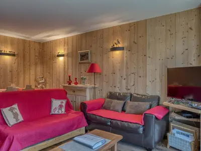 a living room with two couches and a tv at Appartement confort 2 pièces Megève - Wifi, Parking - FR-1-453-125 in Megève
