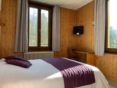 a bedroom with a bed and a tv and windows at Hotel des Lacs in Chamonix-Mont-Blanc