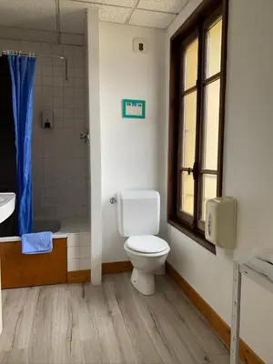 a bathroom with a toilet and a shower and a window at Hotel des Lacs in Chamonix-Mont-Blanc