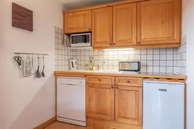 a kitchen with wooden cabinets and a white dishwasher at Alpage: Residence Brevent in Les Houches