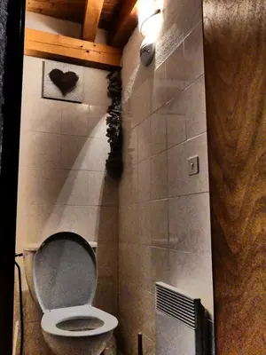 a bathroom with a toilet with a heart on the wall at Demi-Chalet l'Ancolie -- Prox pistes in Les Carroz d'Araches