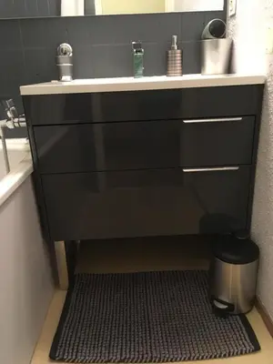 a bathroom with a sink with a rug under it at Appartement chamonix face au mont blanc in Chamonix-Mont-Blanc