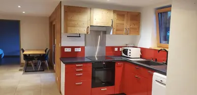 a bathroom with a glass shower and a sink at Appartement rez de jardin in Saint-Gervais-les-Bains