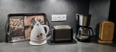 a counter top with a coffee maker and a blender at Chalet Arpitan - les Carroz - Grand Massif in Les Carroz d'Araches
