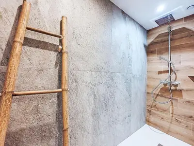 a bathroom with a shower and a wooden wall at Chalet du Bulle by Interhome in Saint-Gervais-les-Bains