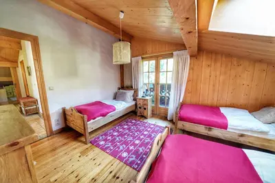 two beds in a room with wooden walls at Thendia Montblanc in Les Houches