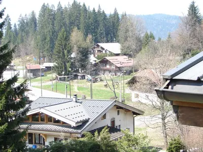 a house on a hill with trees in the background at LES CARROZ LE LAYS cosy apartment 40M2 vue montagne plein sud in Les Carroz d'Araches