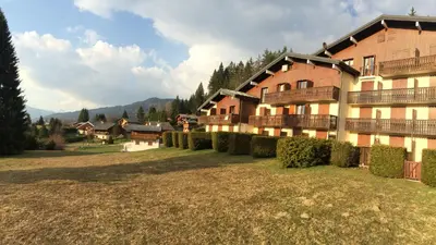 a large building with bushes in front of it at LES CARROZ LE LAYS cosy apartment 40M2 vue montagne plein sud in Les Carroz d'Araches