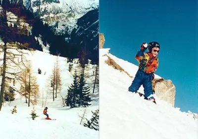 two pictures of a child on a snow covered slope at Spacious Apartment 2 Minutes from Ski Lift, Equipped for Babies in Les Houches