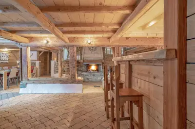 a living room with a fireplace in a log cabin at Le Charmélie 1600 in Flaine