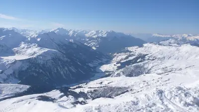 an aerial view of a snow covered mountain range at Le Lièvre Blanc, appartement N°2 in Les Contamines-Montjoie