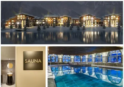 a collage of photos of a hotel with a swimming pool at The Drus Luxury Apartment with Spa and Indoor Pool in Chamonix-Mont-Blanc