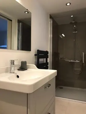 a bathroom with a white sink and a shower at Le Mont Joly in Saint-Gervais-les-Bains