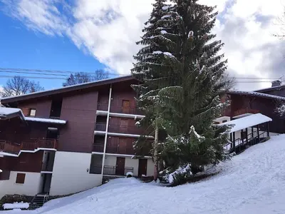 a snow covered christmas tree in front of a building at Apartment La piste A by Interhome in Saint-Gervais-les-Bains