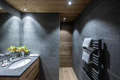 a bathroom with a sink and a wooden wall at Le Chamois d'Or in Cordon