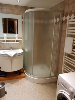 a bathroom with a shower and a sink at Appartement Le Caboen Les Planards in Chamonix-Mont-Blanc