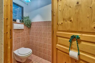 a bathroom with a toilet and a wooden door at Petite Jardin: Residence Via des Traz B in Chamonix-Mont-Blanc