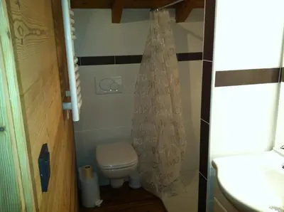 a small bathroom with a toilet and a sink at Chalet Narcisse in Sixt