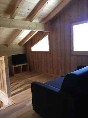 a room with a couch and a tv in a cabin at Chalet La R'Batte in Sixt
