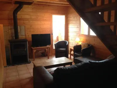 a living room with a fireplace and a tv at Chalet des Cascades in Sixt