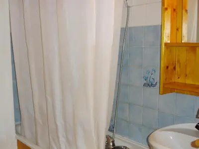 a bathroom with a shower curtain and a sink at Studio Sapin B by Interhome in Demi-Quartier