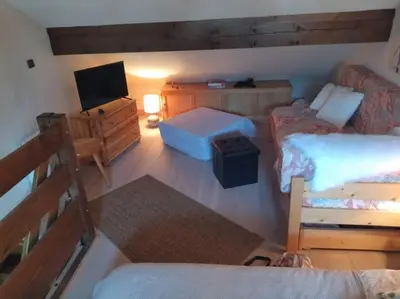 a living room with two beds and a television at Multi résidences Samoëns in Samoëns