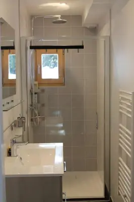 a bathroom with a shower and a sink and a mirror at Chalet Les Contamines in Les Contamines-Montjoie
