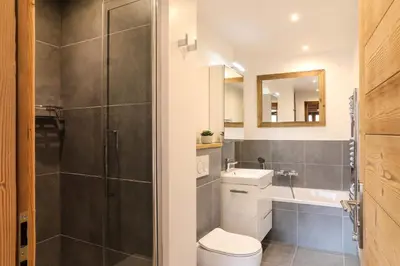 a bathroom with a shower and a toilet and a sink at Le Brevent 1 Apartment in Chamonix-Mont-Blanc