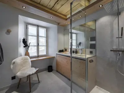 a bathroom with a sink and a shower at Appartement rénové 3 ch, centre Megève, parking, wifi - FR-1-453-178 in Megève