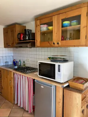 a kitchen with a microwave on a counter at Marie Mont Blanc vue Mont Blanc in Saint-Gervais-les-Bains