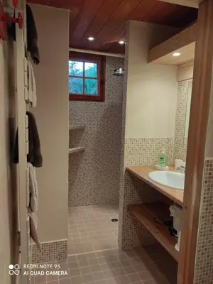 a bathroom with a sink and a shower at Chalet Altitude 1057 in Chamonix-Mont-Blanc
