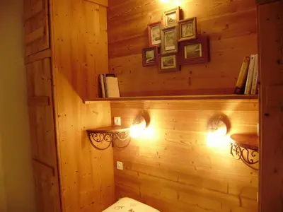 a bathroom with wooden walls and a toilet with lights at Studio Les Drus / Studio du Brévent in Chamonix-Mont-Blanc