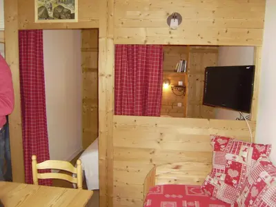 a room with a wooden wall with a bed and a television at Studio Les Drus / Studio du Brévent in Chamonix-Mont-Blanc