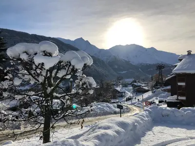 a tree covered in snow with the sun in the background at L'Ècrin Alpin in Saint-Gervais-les-Bains