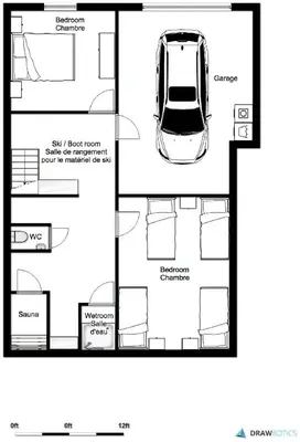 a floor plan of a house with a car at Chamonix Large Chalet, Sleeps 12, 200m2, 5 Bedroom, 4 Bathroom, Garden, Jacuzzi, Sauna in Chamonix-Mont-Blanc