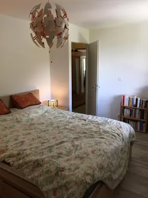 a bedroom with a large bed and a chandelier at Appartement face au Mont Blanc & Glaciers in Chamonix-Mont-Blanc