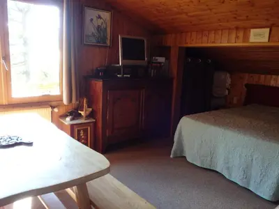 a bedroom with a bed and a television in a cabin at Chalets Pyrene Mont-Blanc in Chamonix-Mont-Blanc