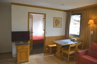 a living room with a table and a tv and a bed at Appt 4 /5 pers - 3 min. centre ville in Chamonix-Mont-Blanc