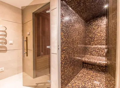 a bathroom with a shower with a tiled wall at chalet des grands bois in Les Houches
