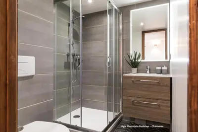 a bathroom with a shower with a toilet and a sink at Apartment Chloe in Chamonix-Mont-Blanc