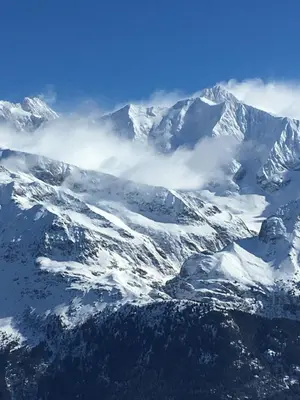 an aerial view of a snow covered mountain at les Cimes d'Or Mont blanc in Les Contamines-Montjoie