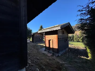 a shower in a bathroom with black and white tiles at Chambres et Mazots du Chalet de Mado in Megève