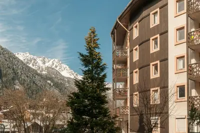 a building with a tree in front of a mountain at maeva Home Résidence la Rivière in Chamonix-Mont-Blanc