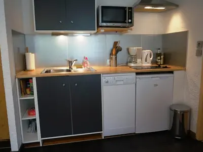 a small kitchen with a sink and a microwave at Appartement cosy au centre de Chamonix avec jardin, 2 pièces, bien équipé, accepte animaux - FR-1-507-29 in Chamonix-Mont-Blanc