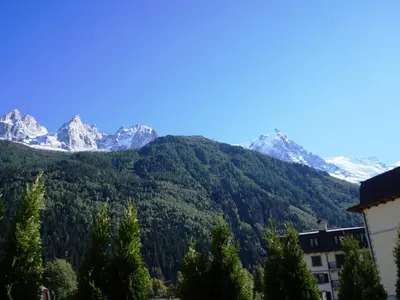 a mountain view with snow capped mountains in the background at Appartement cosy au centre de Chamonix avec jardin, 2 pièces, bien équipé, accepte animaux - FR-1-507-29 in Chamonix-Mont-Blanc
