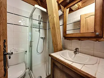 a bathroom with a shower and a toilet and a sink at Chamonix: Appart. standing 6 pers, 3 ch, parking, centre-ville - FR-1-507-35 in Chamonix-Mont-Blanc
