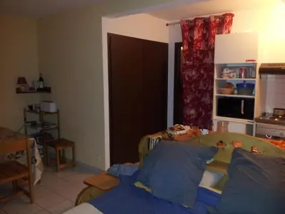 a living room with a bed and a living room with at Appartement les Carroz d'Arraches in Les Carroz d'Araches